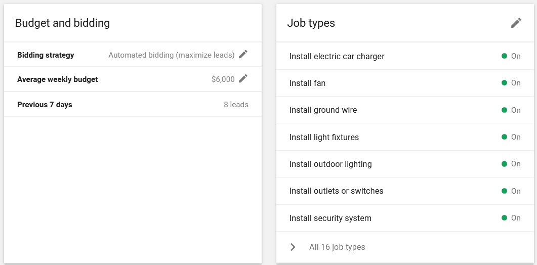 Local Services Ads budget set to automated bidding beside the list of electrical job types
