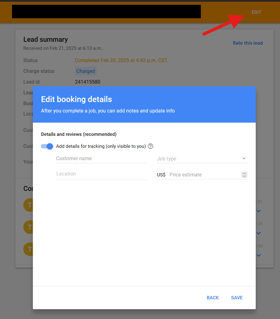 Edit booking details window with a price estimate field on a completed lead