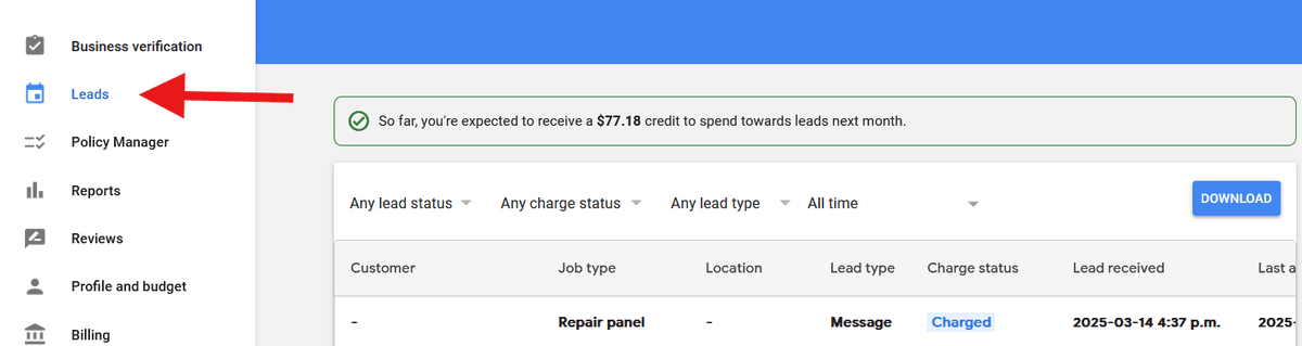 Local Services Ads menu with Leads selected and a table of recent leads