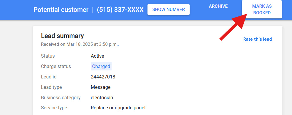 Local Services Ads lead page with the Mark as booked button highlighted
