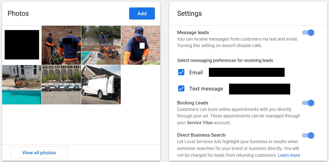 Local Services Ads photo grid and settings with messages and bookings turned on
