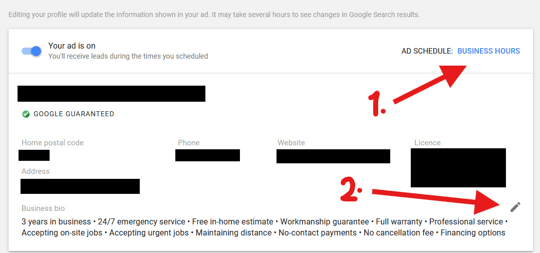 Local Services Ads profile page showing the hours schedule and business highlights