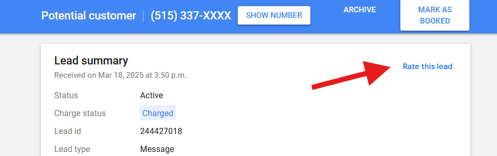 Local Services Ads lead page with the Rate this lead link highlighted