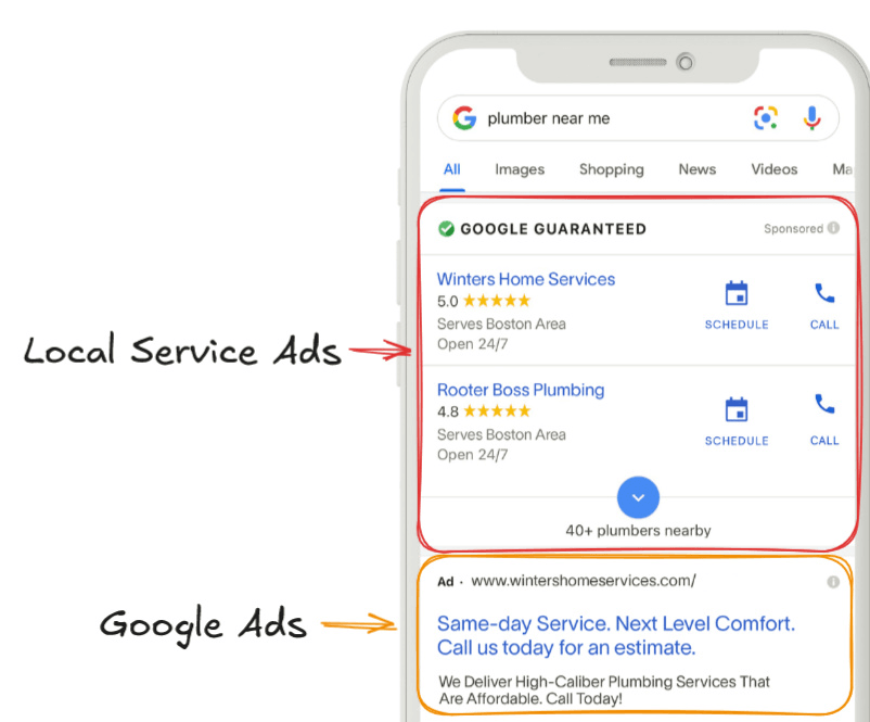 Mobile Google search showing Local Services Ads above normal Google Ads