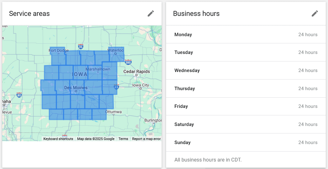 Local Services Ads service area map beside the business hours list