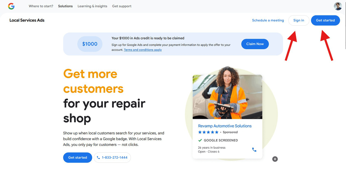 Google Local Services Ads page with Sign in and Get started buttons highlighted